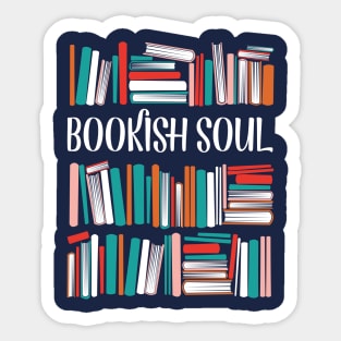 Bookish soul // oxford navy blue bookshelf background orange neon red white and flesh coral books Sticker